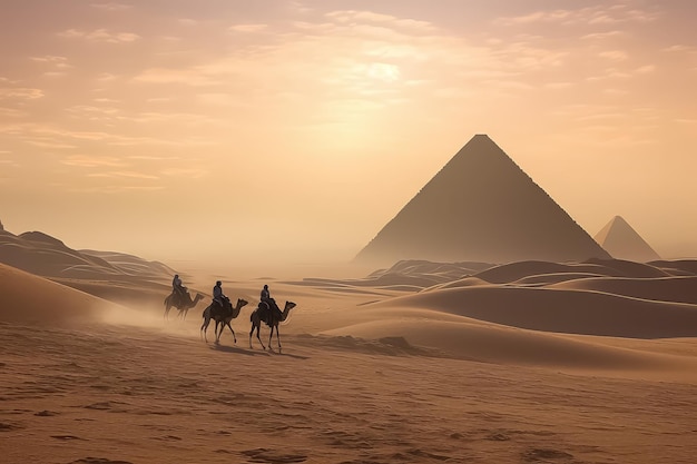Camels on a blurred background of a pyramid in the desert