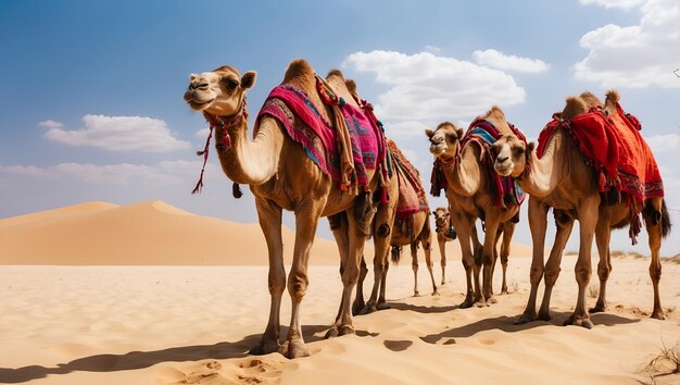 Camels in a bright cape against the backdrop of the sand dune desert Tourism warm countries