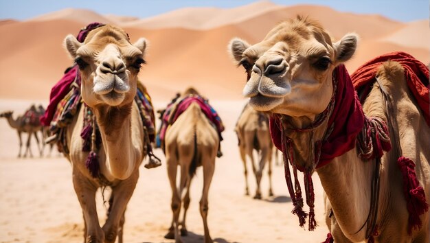 Camels in a bright cape against the backdrop of the sand dune desert Tourism warm countries