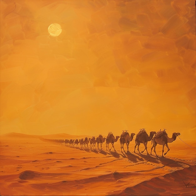 camels crossing a desert under the hot sun