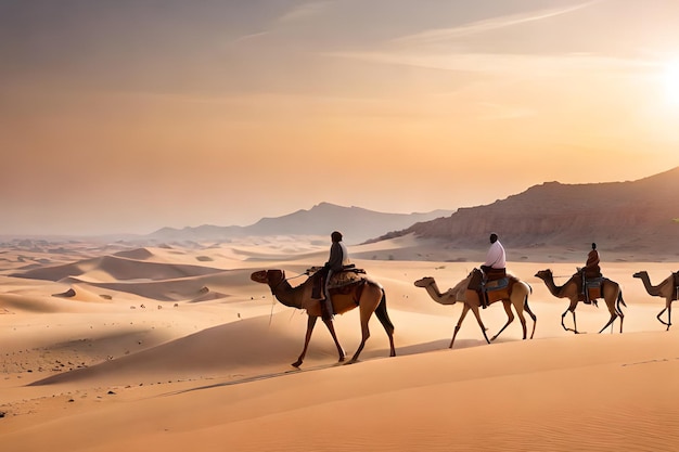 Camels on a desert landscape with a sunset in the background