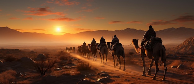 camels in the desert at sunset