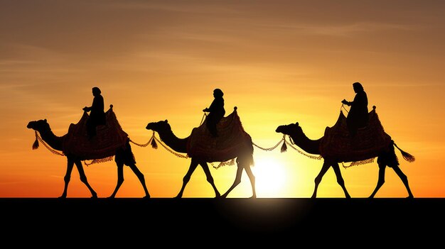 Camels in the desert with three wise men