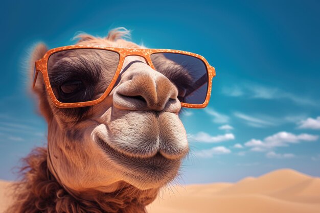 Photo camels face wearing sunglasses camel wearing sunglasses against blue sky with clouds 3d rendering ai generated