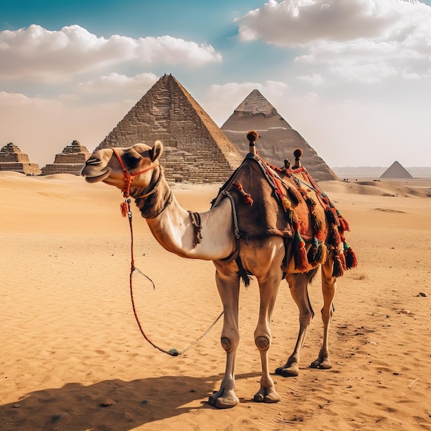 Camels in front of pyramids in the desert