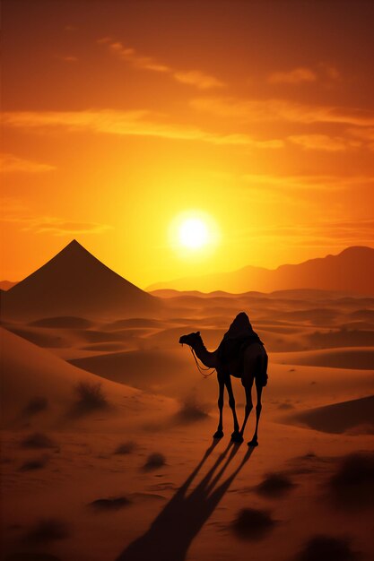 верблюды и люди в аравийской пустыне на закате создают с помощью генеративных инструментов искусственного интеллекта