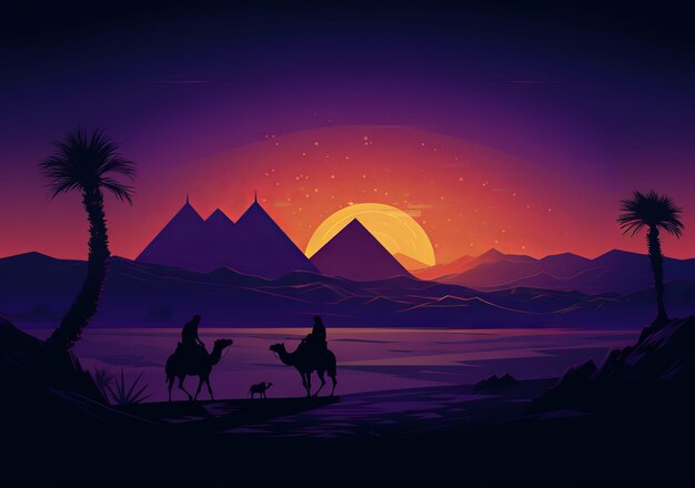 Camels and pyramids at night in the style of minimalist backgrounds purple and brown i cant