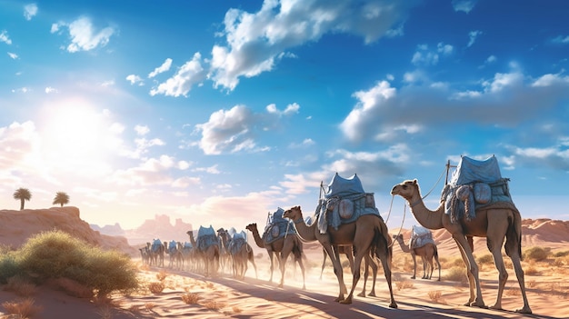 Camels on a road in the desert