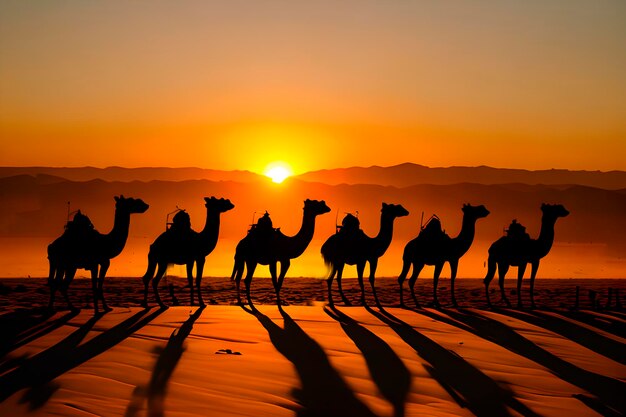 the camels in silhouetted against the setting sun making their way across the vast desert