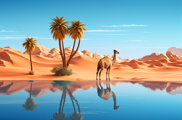 砂漠のオアシスに立っているラクダ