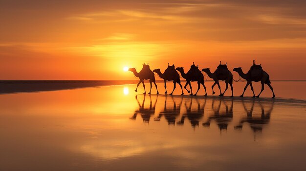 Camels at Sunset on the Beach Silhouette
