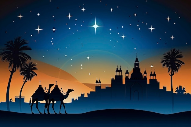Foto cammelli che camminano nel deserto sullo sfondo di una moschea di notte decorata con la luna e s