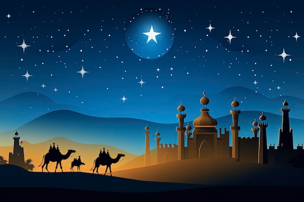月と石で飾られた夜のモスクの背景に砂漠を歩くラクダ