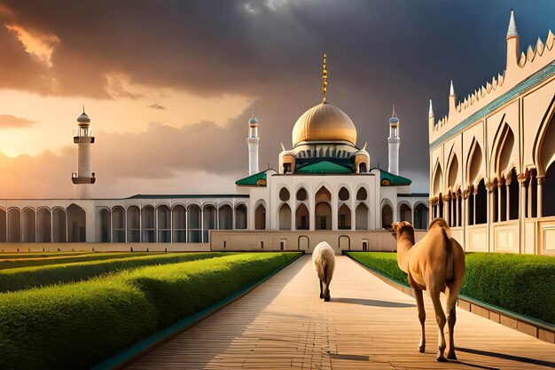 Camels walking in front of a mosque