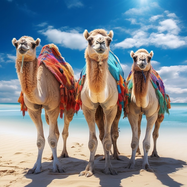 Camels with colourful saddle in Egypt Sharm beach