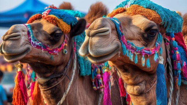 Camels with traditional dresses close up generative ai