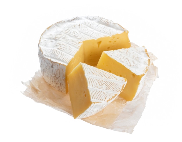 Camembert or brie cheese isolated on white surface with clipping path