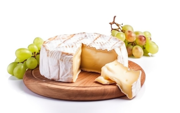 camembert brie kaas op een houten snijplank met decoratieve elementen ambachtelijke kaas ai gegenereerd