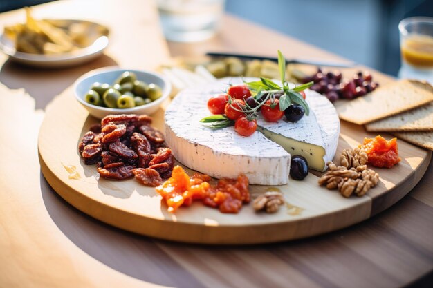 Foto camembert su tagliere di formaggi con olive e pomodorini secchi