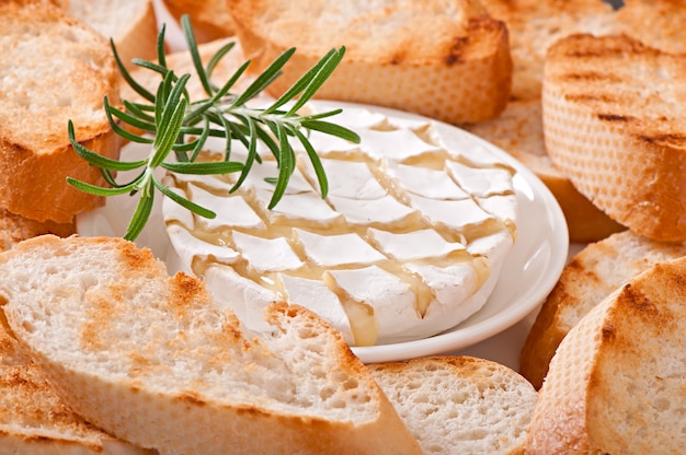 Camembert cheese and a sprig of rosemary on a wooden table