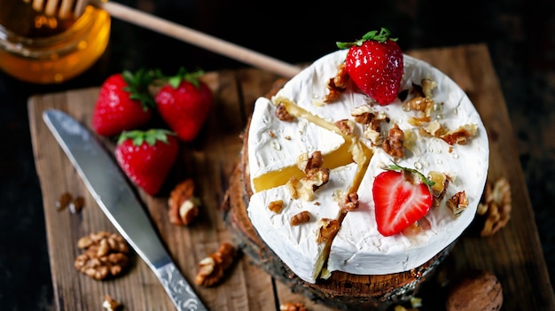 Camembert cheese with strawberries, walnuts and honey.