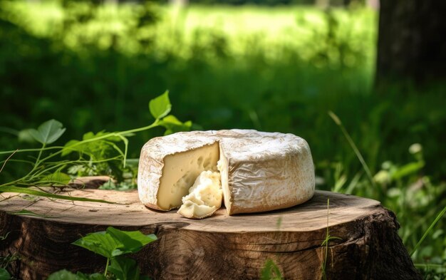 Foto formaggio camembert su un tagliere di legno con foresta sullo sfondo ai generato