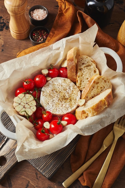 Camembert kaas gebakken met cherrytomaatjes en stokbrood