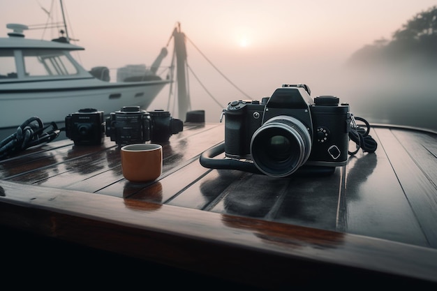 写真 カメラとレンズが霧の空気の中のボートデッキの隣の木製のテーブルに置かれています