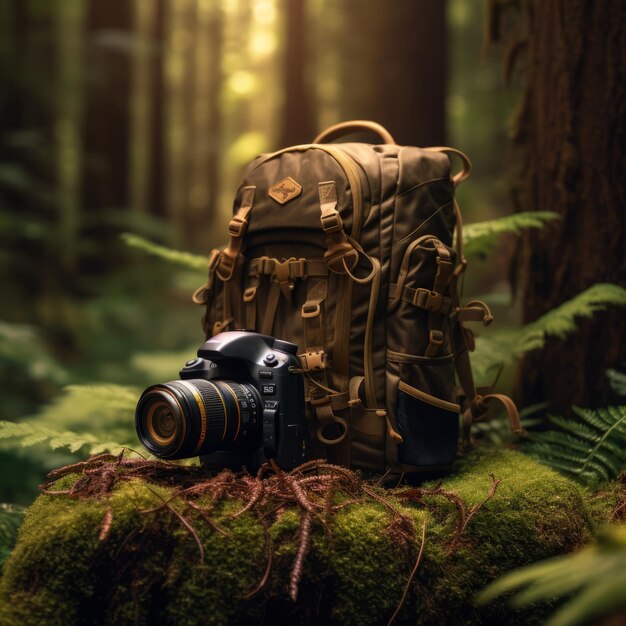 Photo a camera and a backpack in the woods