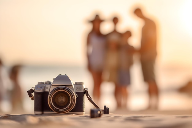 A camera on the beach with a blurry background