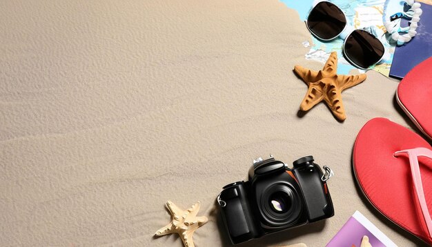 A camera on a beach with a starfish on the sand