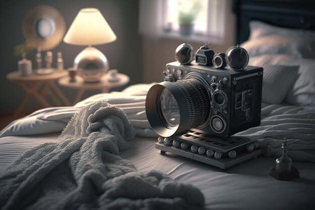 A camera on a bed with a lamp on the side