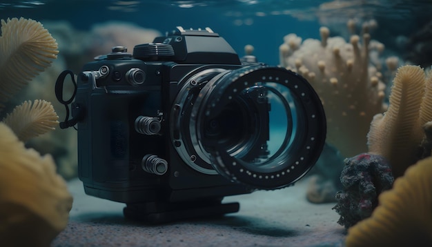 camera on the bottom of the ocean underwater seascape with coral reef and seaweed