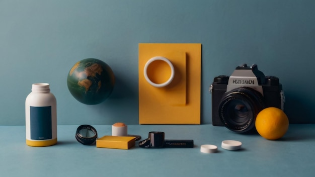 Photo a camera and a camera on a blue background with a globe on it