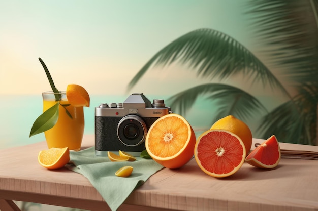 A camera and a camera on a table with a tropical background