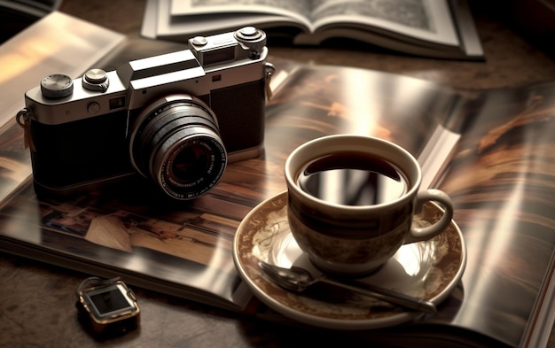 테이블 에 있는 카메라 와 커피