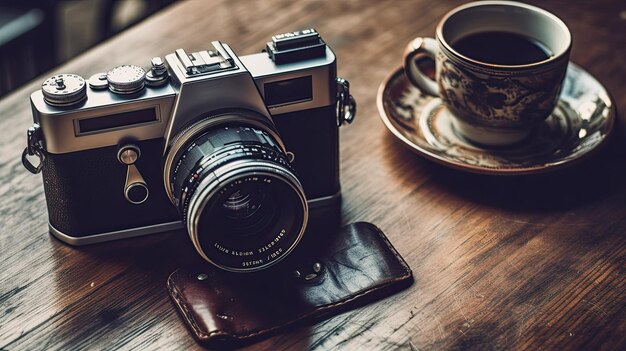 Camera and a cup of coffee on the table