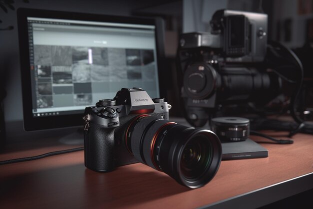 A camera on a desk with a monitor behind it