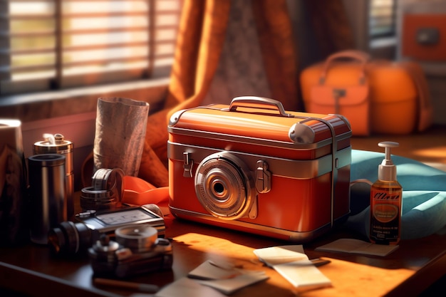 A camera on a desk with a window behind it