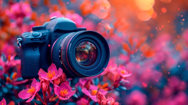 Photo camera in field of flowers generative ai
