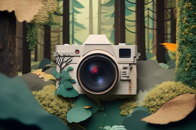 a camera in a forest paper art style ai generated