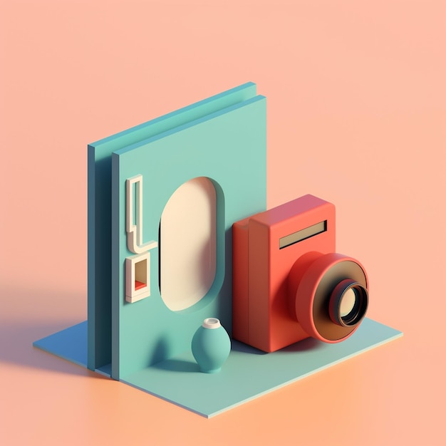 Photo camera and geometric objects in trending color palette for advertising with generative ai