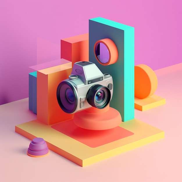 Camera and geometric objects in trending color palette for advertising with Generative AI