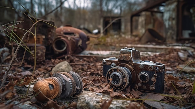 A camera on the ground with a bunch of rusted pipes on it