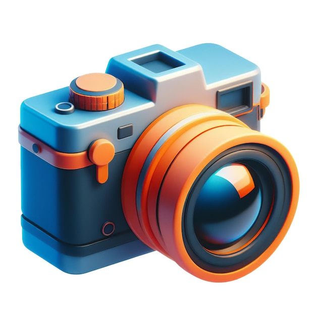 사진 카메라 아이콘 3d 렌더링 스타일 파란색과 오렌지색 일러스트레이션 분리