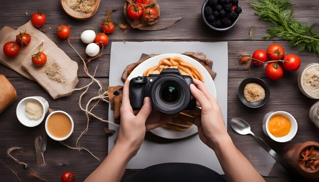 Photo a camera is being held up by a person taking a picture of food