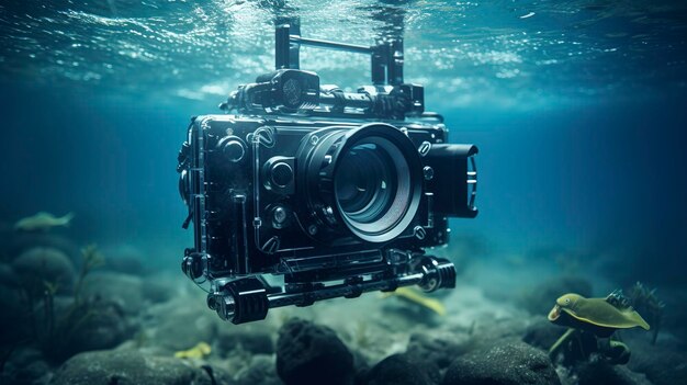 Photo a camera is floating over a rocky surface