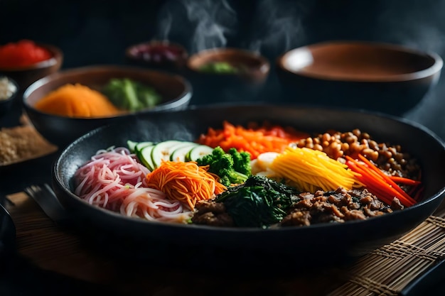 Photo the camera is getting closer to show a delicious and popular korean dish called bibimbap sometimes it can be difficult to understand what is going on behind something ai generated