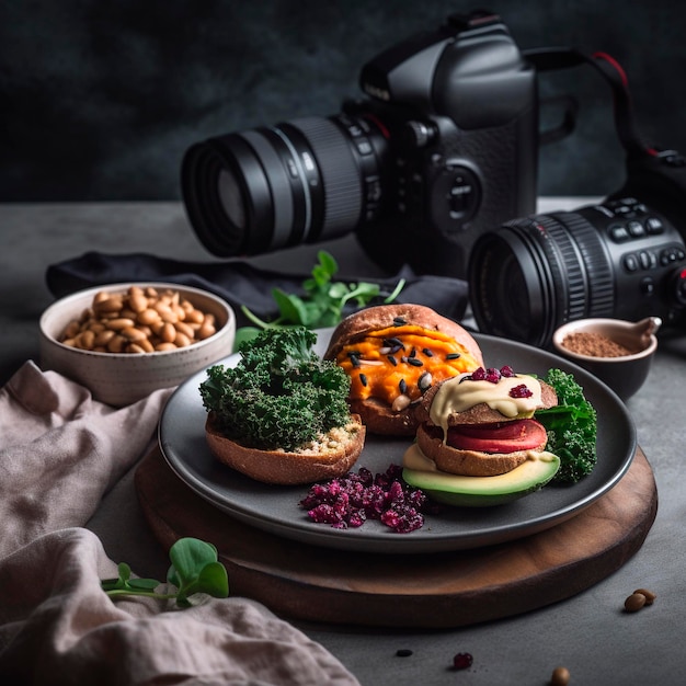 A camera is behind a plate of food with a camera behind it.