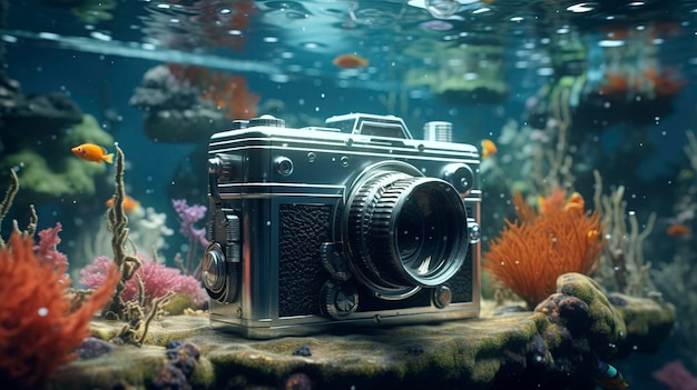 Photo a camera is on a rock in an aquarium with a fish tank in the background